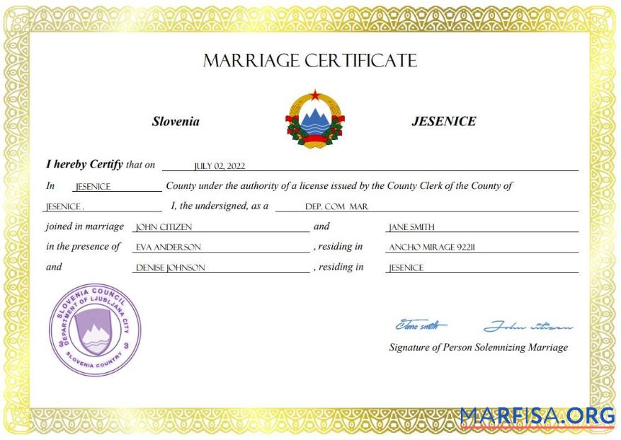 Realistic Slovenia marriage certificate Word and PDF template